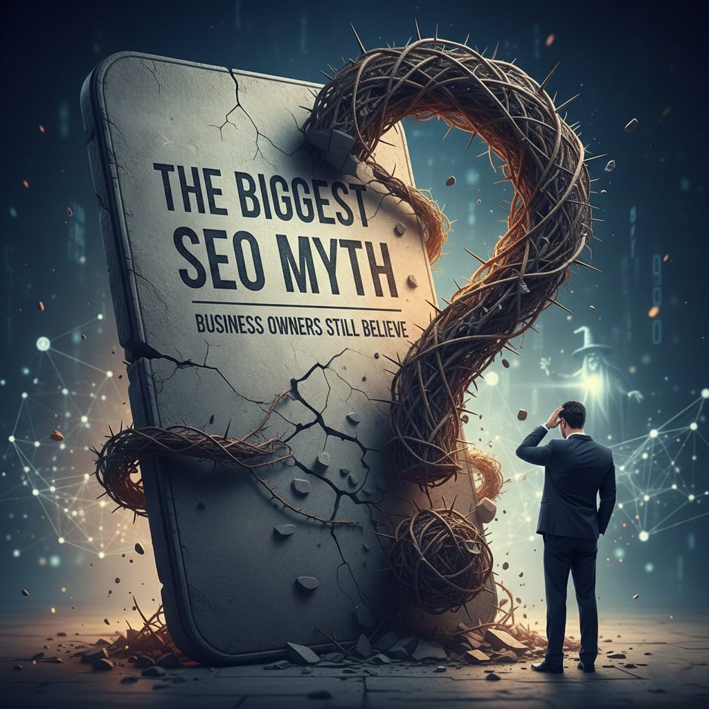A cracked stone tablet engraved with "THE BIGGEST SEO MYTH BUSINESS OWNERS STILL BELIEVE," wrapped in a large thorny question mark, as a businessman watches